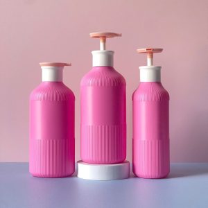 Chai Hồng đậm sọc HDPE vòi nhấn hồng