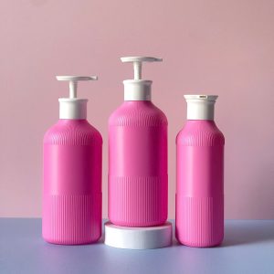 Chai hồng đậm sọc hdpe vòi nhấn dẹp trắng