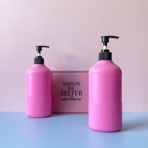 Chai hồng sọc HDPE vòi nhấn sọc đen