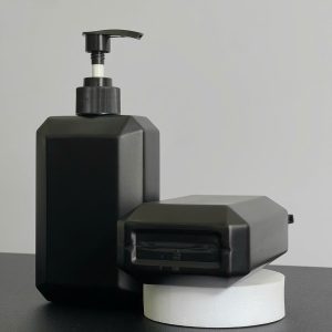 Chai HDPE Vuông Xanh Dương vòi nhấn dẹp Đen Nhám