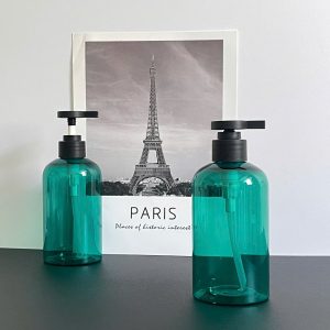 Chai PET xanh ngọc vòi nhấn dẹp đen nhám