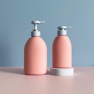 Chai HDPE hồng vai bầu tròn vòi nhấn dẹp xanh